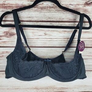 NWT Cacique 44C Black Satin And Lace w/ Bows Quarter Cup Underwire Bra
